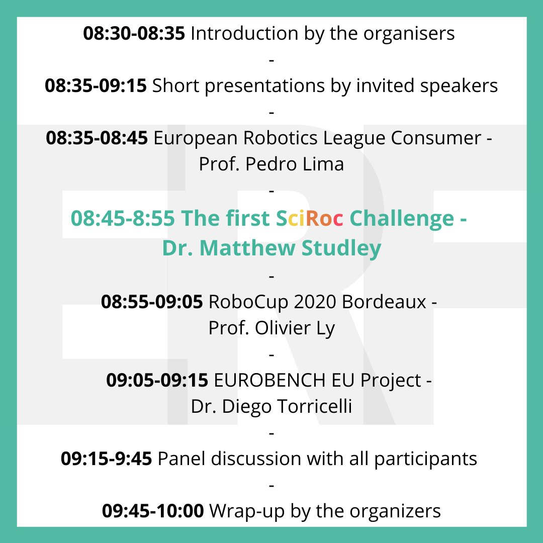 SciRocChallenge's tweet image. Join us in Malaga on Thursday 5 March at the European Robotics Forum, full details available via our website: sciroc.eu/erf-2020 @eu_Robotics #ERF2020 #Robotics #RoboticsCompetitions