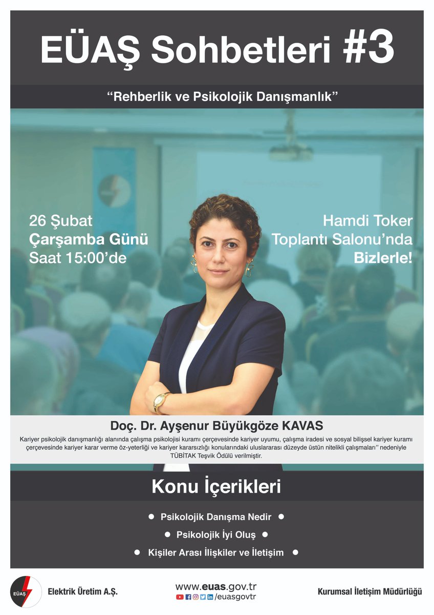 EÜAŞ Sohbetlerinde bu haftaki değerli konuğumuz  Sosyal Bilimler Kategorisinde TÜBİTAK Teşvik ödülü sahibi Doç.Dr. Ayşenur Büyükgöze Kavas.
Psikolojik Danışma, Psikolojik İyi Oluş, Kişiler Arası İlişkiler ve İletişim konuları hakkında söyleşide bulunacağız.