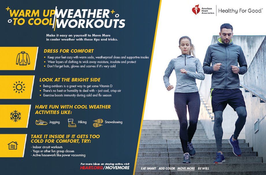 ClintonCountyHD's tweet photo. Don't let cool #temperatures cancel your #workout. Dress appropriately and try new #winter outdoor activities to stay active as the temperatures drop. Visit https://t.co/nAYwSVyOnc for more ideas to stay active. #movemore #clintoncountymove https://t.co/egf1lZd2wb