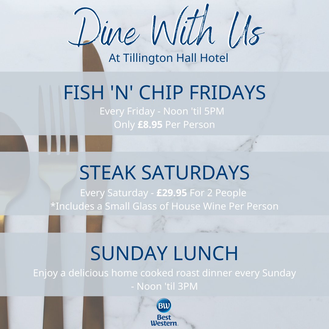 TillingtonHall's tweet photo. 🍴DINE WITH US 🍴

Come and enjoy our special days at the Bistro. What's better than delicious food to start and finish the weekend?

Find out more and book here: https://t.co/44sqQbTCIt https://t.co/8LoQ5tZhfC