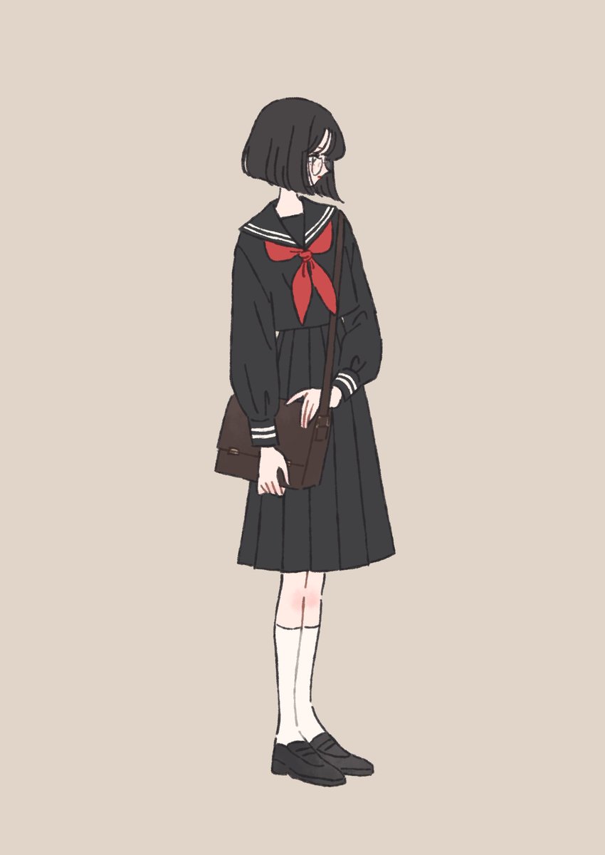1girl solo skirt braid glasses black footwear black hair  illustration images