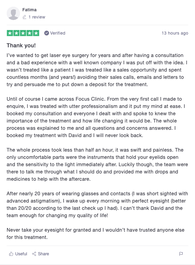 focusclinics's tweet photo. Focus Clinic's exceptional laser eye surgery outcomes is proven by our 5 out 5 rating that's based on 1,403 reviews on Trustpilot.

Focus has a 100% success rate of achieving 20/20 vision for our patients!

Click here for more reviews;
https://t.co/LjAR9qjvyf

#FridayMotivation https://t.co/XksRl8X2Ge