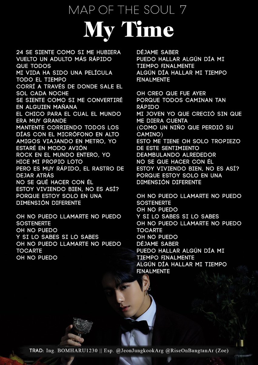 RiseOnBangtanAr's tweet photo. >21.02.20< [LETRA] #BTS #JUNGKOOK '#MyTime' en español.

@BTS_twt @BTS_bighit
#BTSComeback2020
#ThisIs7 #ONchallenge #MAP_OF_THE_SOUL_7

Rise On Bangtan Argentina + @jeonjungkookarg

Hilo ⬇️ https://t.co/I6pmgY6qOZ