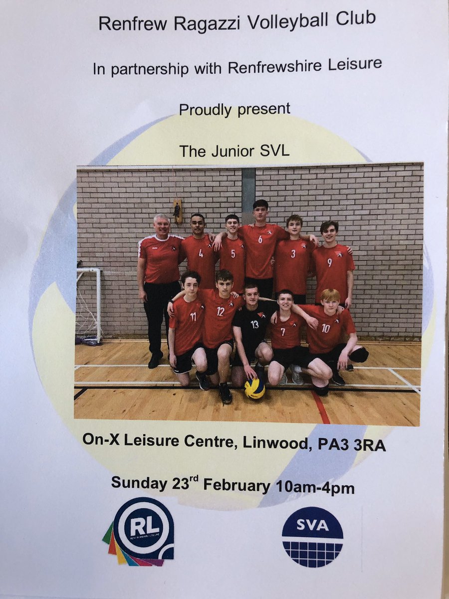 This Sunday will see Junior national volleyball return to Renfreshire when Renfrew Ragazzi host their first ever SVL Junior round at the On-X sport centre. Come along to see this free event between 10 and 4pm. <a href="/scottishvb/">Scottish Volleyball</a> <a href="/sportscotland/">sportscotland</a> @RLSS_Paisley <a href="/Su_Ragazzi/">Su Ragazzi Volleyball Club</a> @RLSS_Paisley