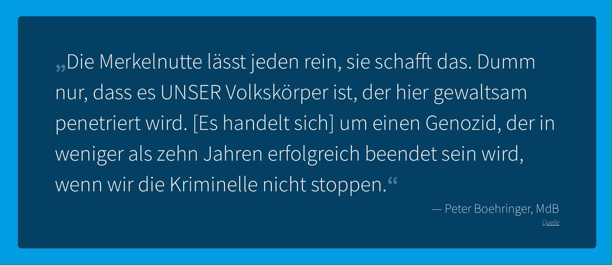 ReinhardPeters's tweet image. Mit solchen Sprüchen &amp;amp; kruden, menschenverachtenden Thesen wurde der Hass geschürt, der schwache Menschen aufstachelt &amp;amp; dazu bringt, solch sinnlose, furchtbare Taten wie in #Hanau, #Halle oder #Kassel zu begehen.

#AfDVerbotJETZT

Hier nachzulesen 👉das-ist-afd.de