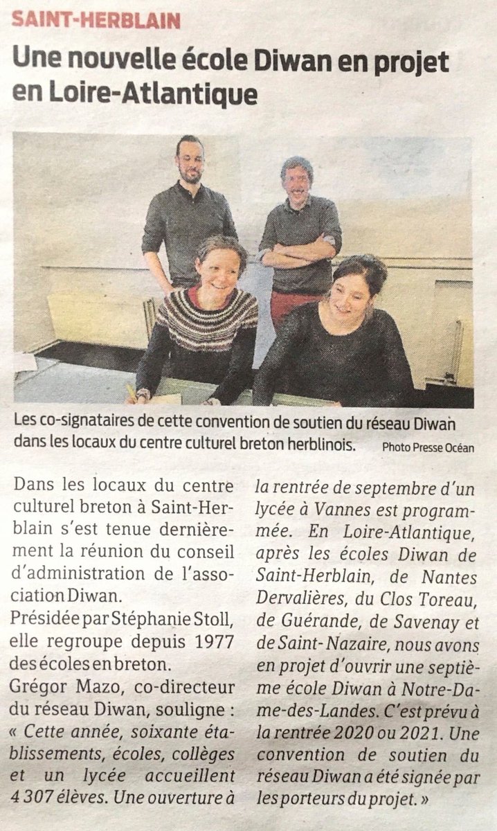 #NotreDameDesLandes - #SaintHerblain / #KernitronAlLann - #SantErvlan.
"Une nouvelle école Diwan en projet en <a href="/loireatlantique/">Loire-Atlantique</a>" 👇
👩‍🏫 @Diwan_Kernitron 👩‍🏫

[Presse Océan – 21/02/2020]
•
#Diwan #NDDL #Breton #BZHG #BroNaoned #Brezhoneg #LoireAtlantique #LangueBretonne