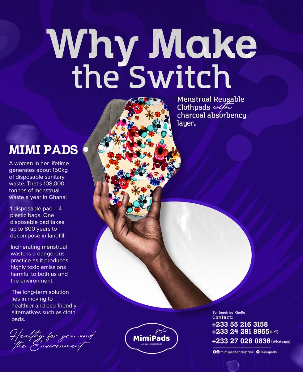 MimiPads's tweet photo. WHY MAKE THE SWITCH?
Incinerating menstrual waste is a dangerous practice as it produces highly toxic emissions harmful to both us and the environment.
Get in touch with us today:
Call: +233552163158 | +233242918965 WhatsApp: +233270280836
#chooseright #savetheearth🌎 https://t.co/b8uglkbXvK