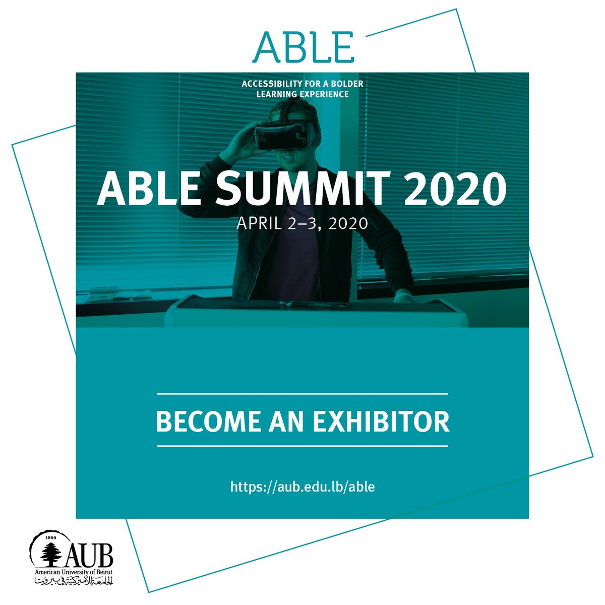 AUB_Lebanon's tweet photo. The second edition of ABLE Summit is back this April 2-3, 2020!
Join experts to share new innovations, leading solutions and implementation strategies in #assistivetechnology and #accessibility.
For information: https://t.co/FQUGSgeloP
#proabled #ablesummit https://t.co/tFvtK1Admd