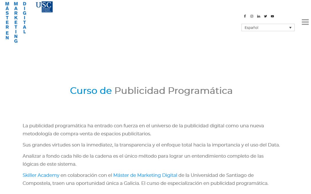 O Máster Márketing Digital <a href="/uscmktgdigital/">Máster Marketing Digital</a> da <a href="/UniversidadeUSC/">USC</a>  xunto con Skiller Academy organizan na nosa Facultade un #curso de especialización en #PublicidadeProgramática de gran interese pois é único en Galicia.  
👉Toda a información en:  lnkd.in/g3QmAd4