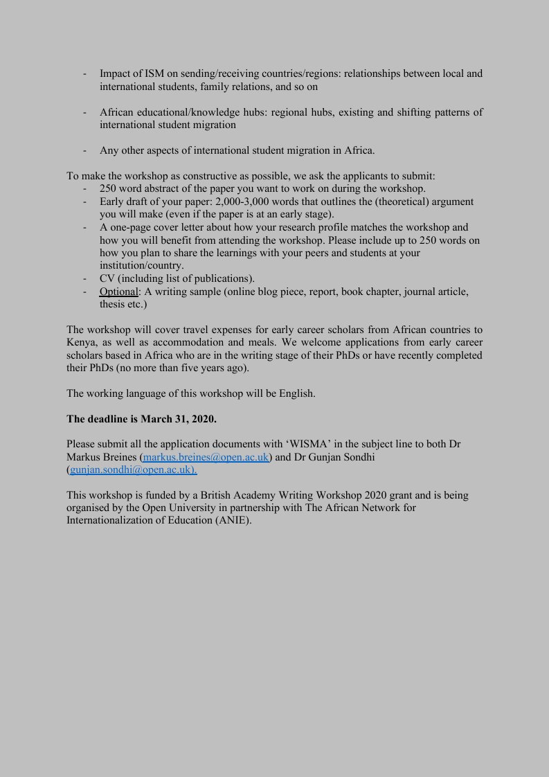 GunjanSondhi's tweet photo. Inviting applications from early career #African scholars working on #internationalstudentmigration in #Africa for a writing workshop in #Nairobi, #Kenya, 13-15 July 2020. Funded by the @BritishAcademy_ Deadline March 31. @MarkusBreines @ParvatiRaghuram @ANIENetwork @scmrjems https://t.co/6toA1omshM