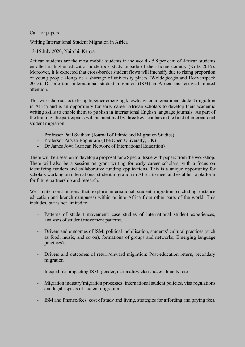 GunjanSondhi's tweet photo. Inviting applications from early career #African scholars working on #internationalstudentmigration in #Africa for a writing workshop in #Nairobi, #Kenya, 13-15 July 2020. Funded by the @BritishAcademy_ Deadline March 31. @MarkusBreines @ParvatiRaghuram @ANIENetwork @scmrjems https://t.co/6toA1omshM