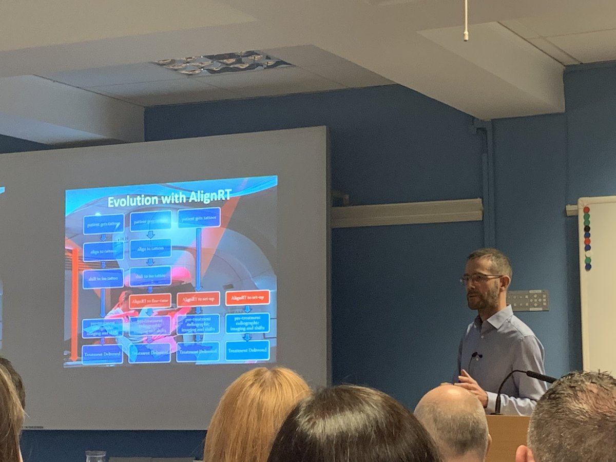 ScotRTPhys's tweet photo. David Porter @NHSHighland presents the unexpected bonus of using AlignRT @VisionRTLtd for patient setup and monitoring ➡️ tattooless setup of breast patients (NHS 1st!). V well received by patients! Dave argues that the tattoo-based approach is from a pre-IGRT era. #scotradphys https://t.co/52FiO0HzxP