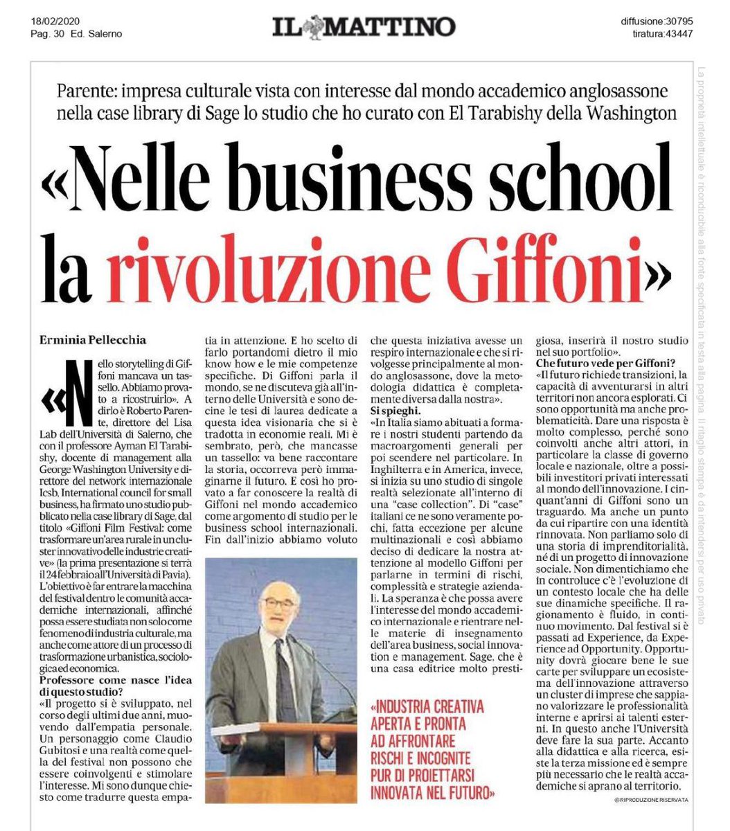 LISAlab_'s tweet photo. L'intervista del @mattinodinapoli al prof. @parente_rob - Nelle business school la rivoluzione Giffoni. @UniSalerno #unisa @GiffoniHub #ilmattino https://t.co/9KNsYiUu1O