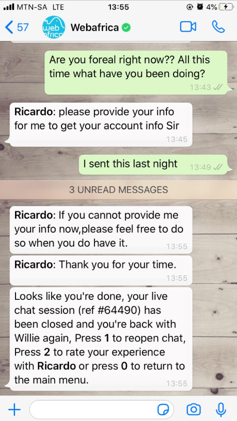 DjRay_SA's tweet photo. @assertchris i thought i was the only who got treated like i dont pay. Mind you, if the agent just read up, he wouldve found my account number. Thats @webafrica for you. https://t.co/vZhuGL29k3