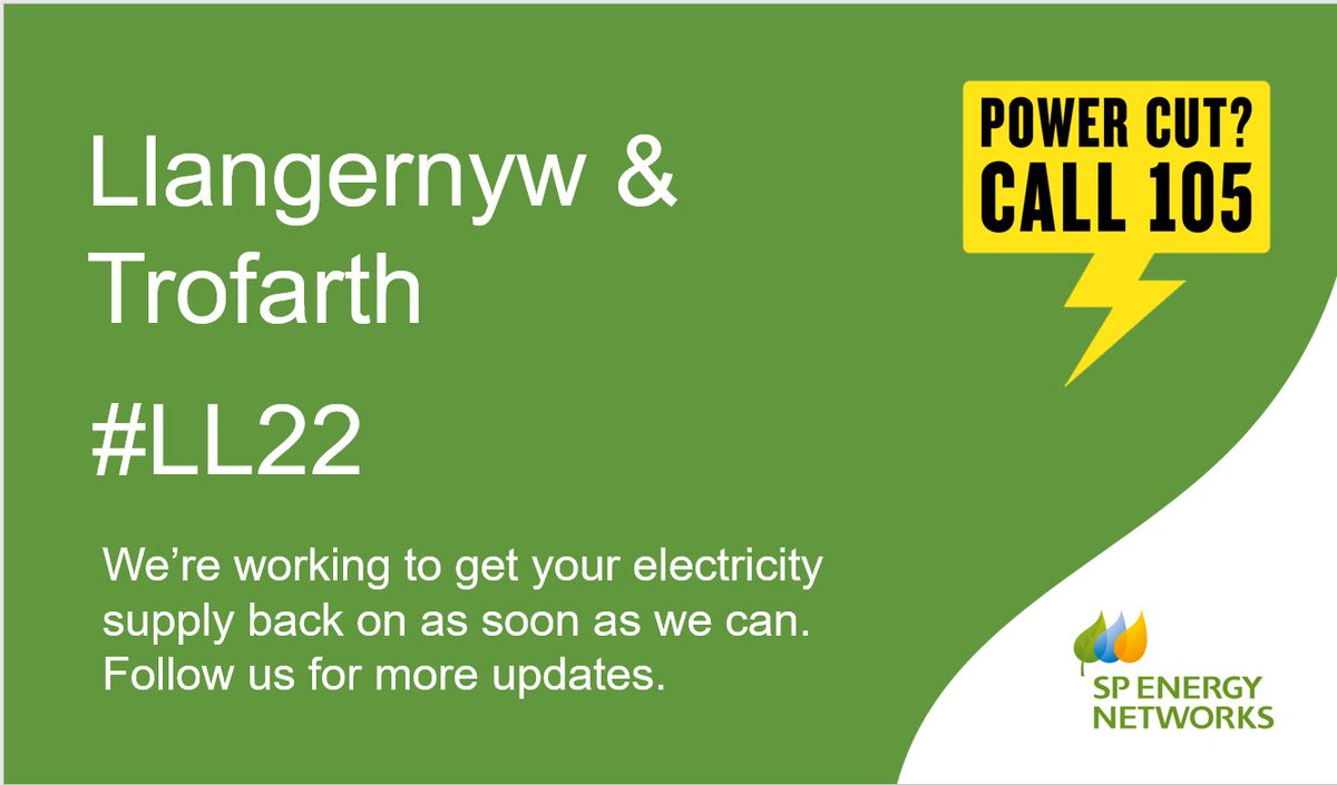 SPEnergyNetwork's tweet image. Y mae angen tynnu cyflenwad trydan yn #LL22 #Llangernyw #Trofarth er mwyn atgywirio nam ar y rhwydwaith trydanol. Ymddiheurwn am unrhyw anhwylustod.