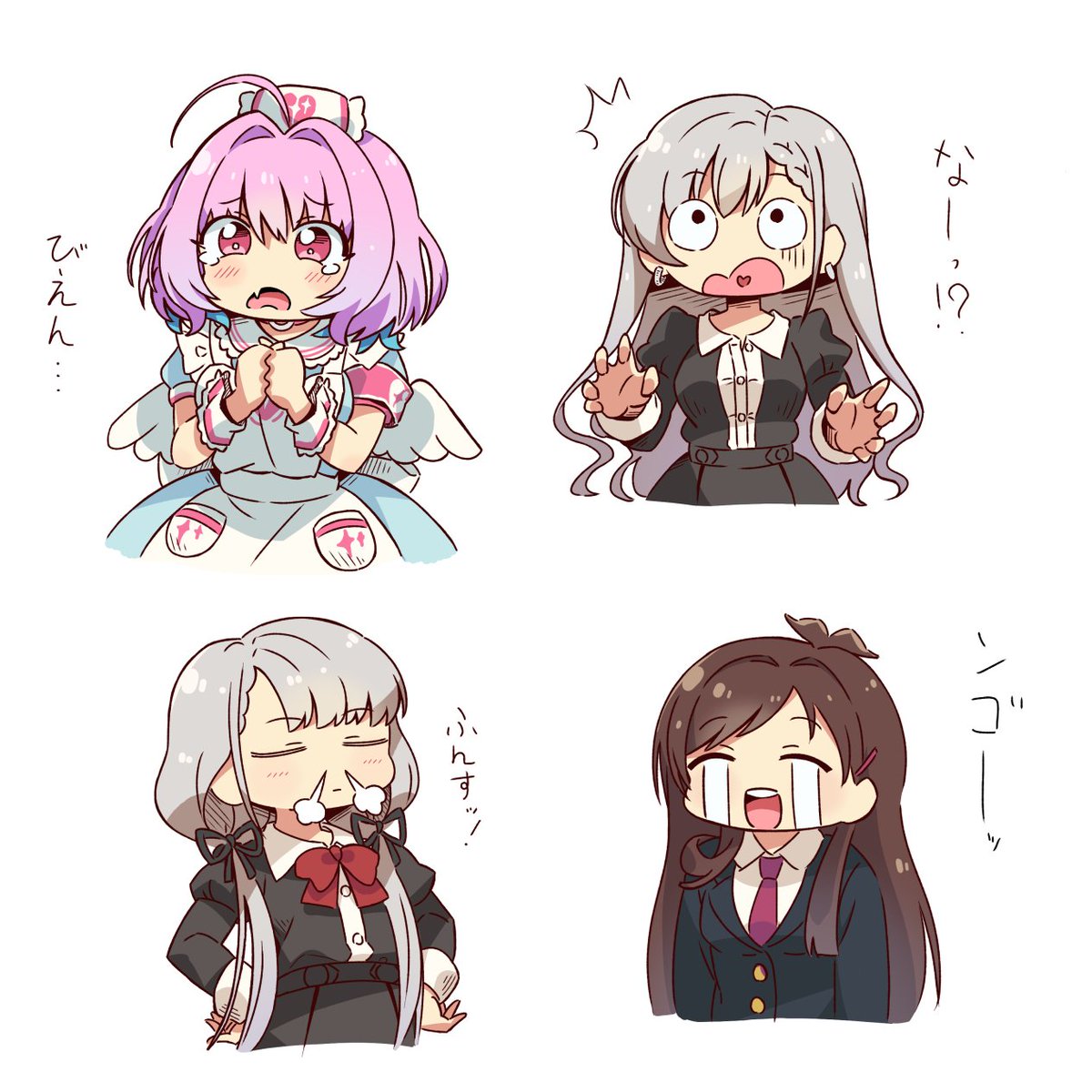 hisakawa nagi ,yumemi riamu multiple girls crying brown hair pink hair 4girls grey hair black jacket  illustration images