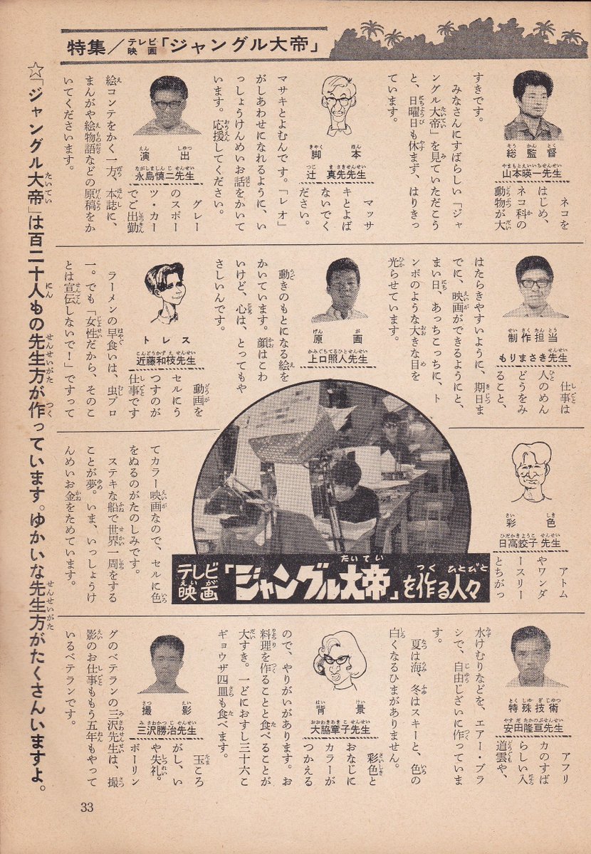 鉄腕アトムクラブ1965年10月号より
放映開始直前の「ジャングル大帝」スタッフ紹介
演出は永島慎二(で代表?)
制作はもりまさき
写真は小さいですが、永島・真崎両先生とも髭はなし
撮影・特殊技術を含めた全てのスタッフに均しく「~先生」を付けているのがちょっと意外な気も