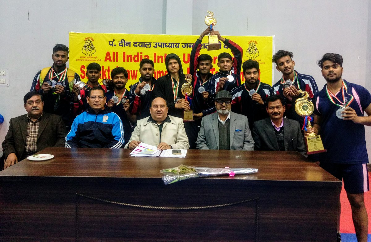 MJPRUniv's tweet photo. Happy faces after winning trophies in #AllIndia #InterUniv #SepakTakraw (M) tournament held at #MJPRU. Tournament closed today. https://t.co/QIo474hfCn