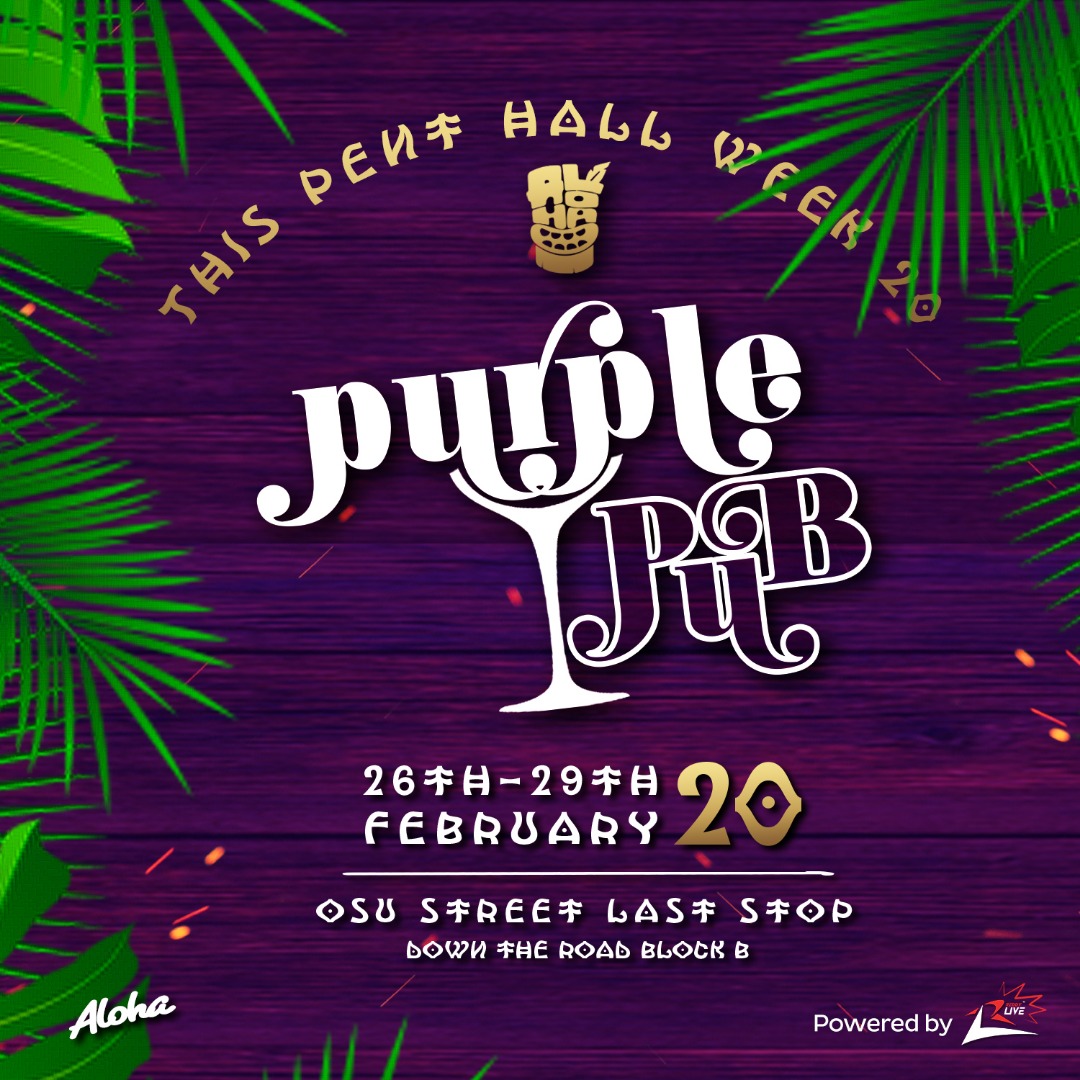 ReddyLiveFirm's tweet photo. Accra! Your favourite cocktail bar, Purple Pub will be live again at @Pentagon_hall_ #PentHallWeek20 from 26th-29th. Don't miss it! #ReddyLiveEvents https://t.co/nRamKvRUoE