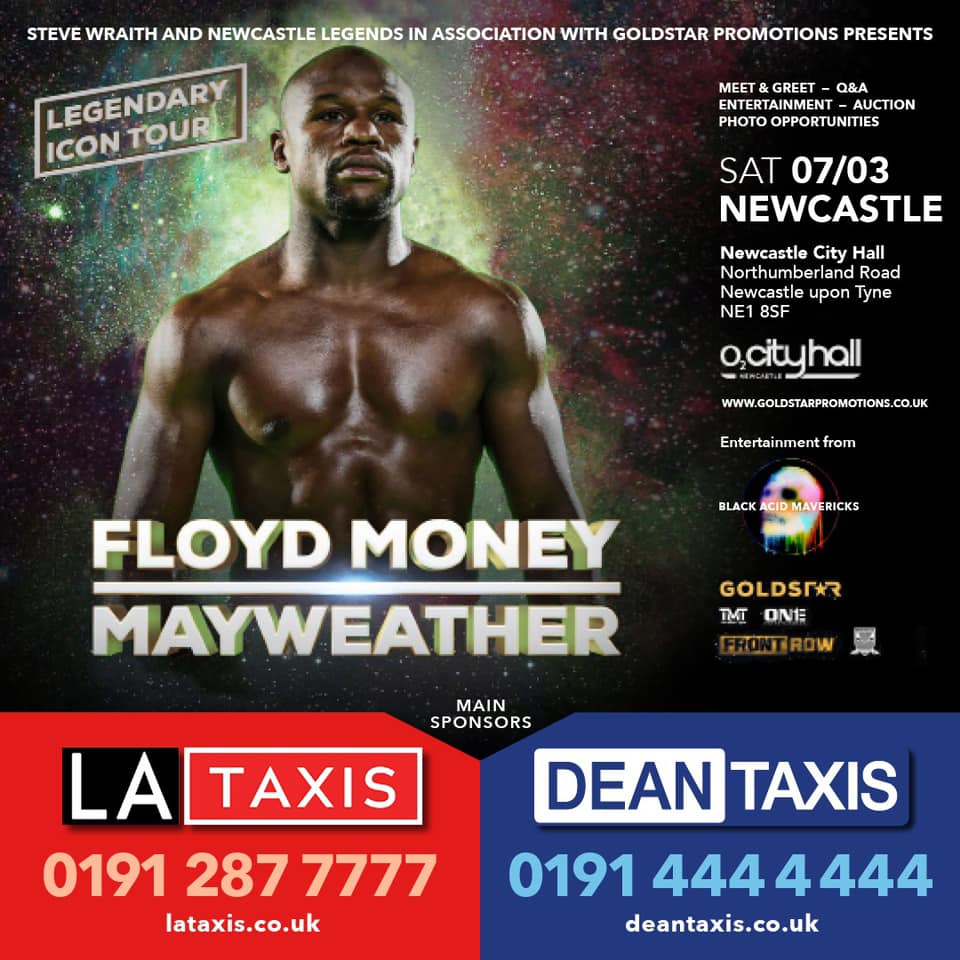 stevewraith's tweet photo. Floyd Mayweather The Legendary Icon Tour at Newcastle City Hall. Tickets on sale now from https://t.co/2LbYLugcPz and then click tickets option
A huge thanks to #LATaxis and @DeanTaxis @uk_collect for sponsoring @FloydMayweather event in newcastle #boxing #boxing
#NUFC https://t.co/v8t7pBBKJE