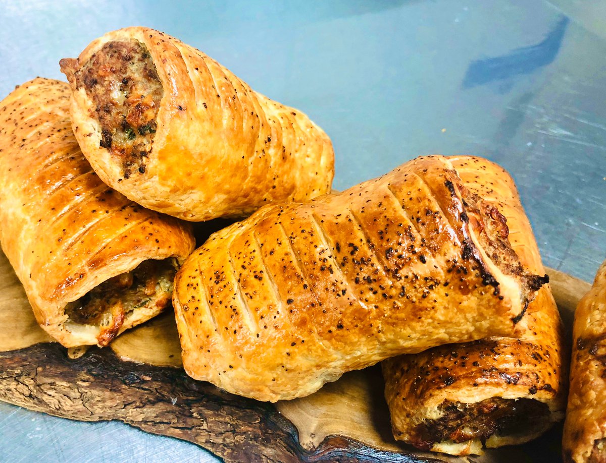 That Friday feeling!!                         Pork, chorizo and spinach sausage roll, homemade brown sauce 👍