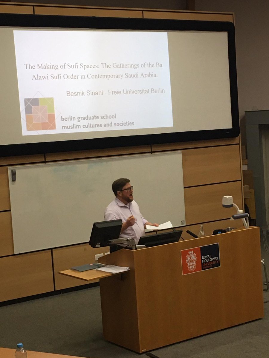 CIWAS_RHUL's tweet photo. The final speaker for our panel 1: Muslim minorities in Islamic cities, Mr Besnik Sinani ( Freie Universität Berlin) giving his very interesting presentation on ‘The making of Sufi spaces: the gatherings of the Ba’alawi order in contemporary Saudi Arabia’. #ciwas https://t.co/TT5GVjoXyY