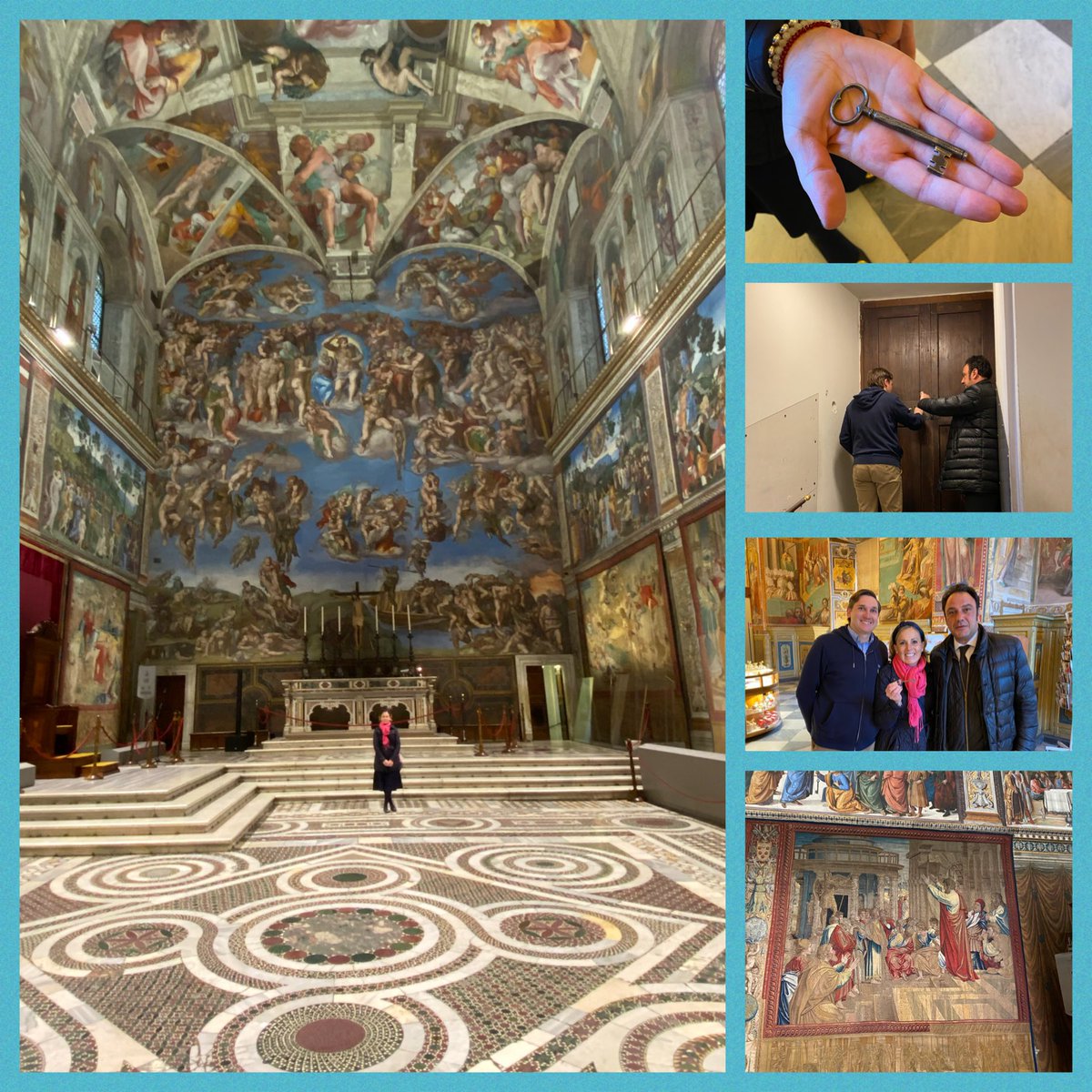 “I live and love in God's peculiar light. ” ~Michelangelo #Justblessed🇮🇹 #Grazie🙏🏻 #KeyKeepers #giannicrea🔑#Nico🎶🔑& our guide #DanielaPasquali 💫 #Raphaeltapestries @sistene_chapel #Iheldthekey🔑☺️ #3daysinRome #Fillyourheart✝️
