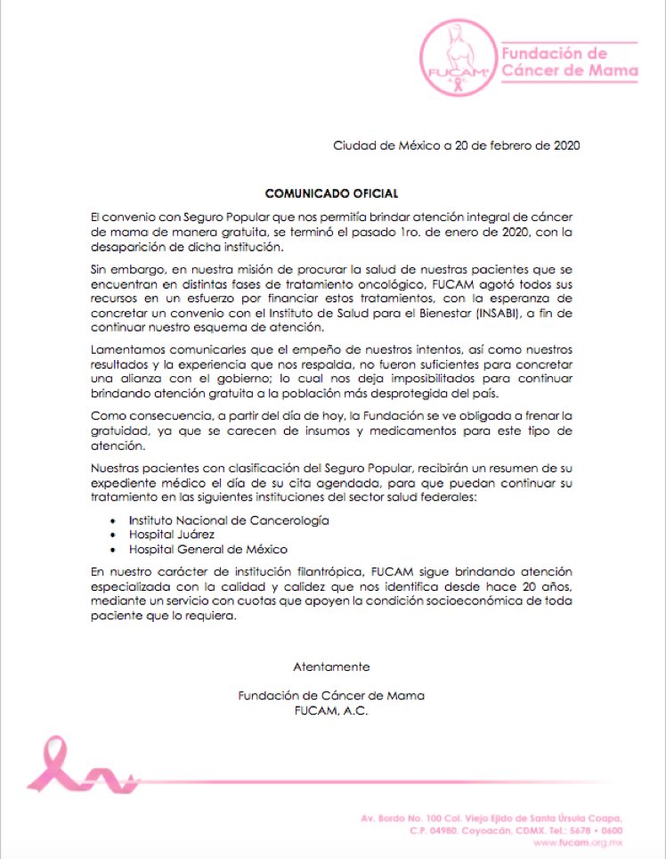 FelipeCalderon's tweet photo. « El convenio con #SeguroPopular que nos permitía brindar atención integral de cáncer de mama de manera gratuita se terminó con (su) desaparición...la Fundación se ve obligada a frenar la gratuidad, ya que carece de insumos y medicamentos”. Tengan su sistema escandinavo de salud. https://t.co/cJIvD9HApc