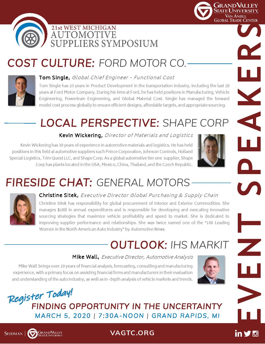 MichAuto's tweet photo. MICHauto is a proud sponsor of the 21st West Michigan Automotive Suppliers Symposium: Finding Opportunity in the Uncertainty, where leaders from @Ford @GM @ShapeCorp and @IHSMarkit will take the stage. March 5th! Register: https://t.co/mLZIr0UH10 #WestMiAuto #Auto #GVSU https://t.co/niQw0QYUMT