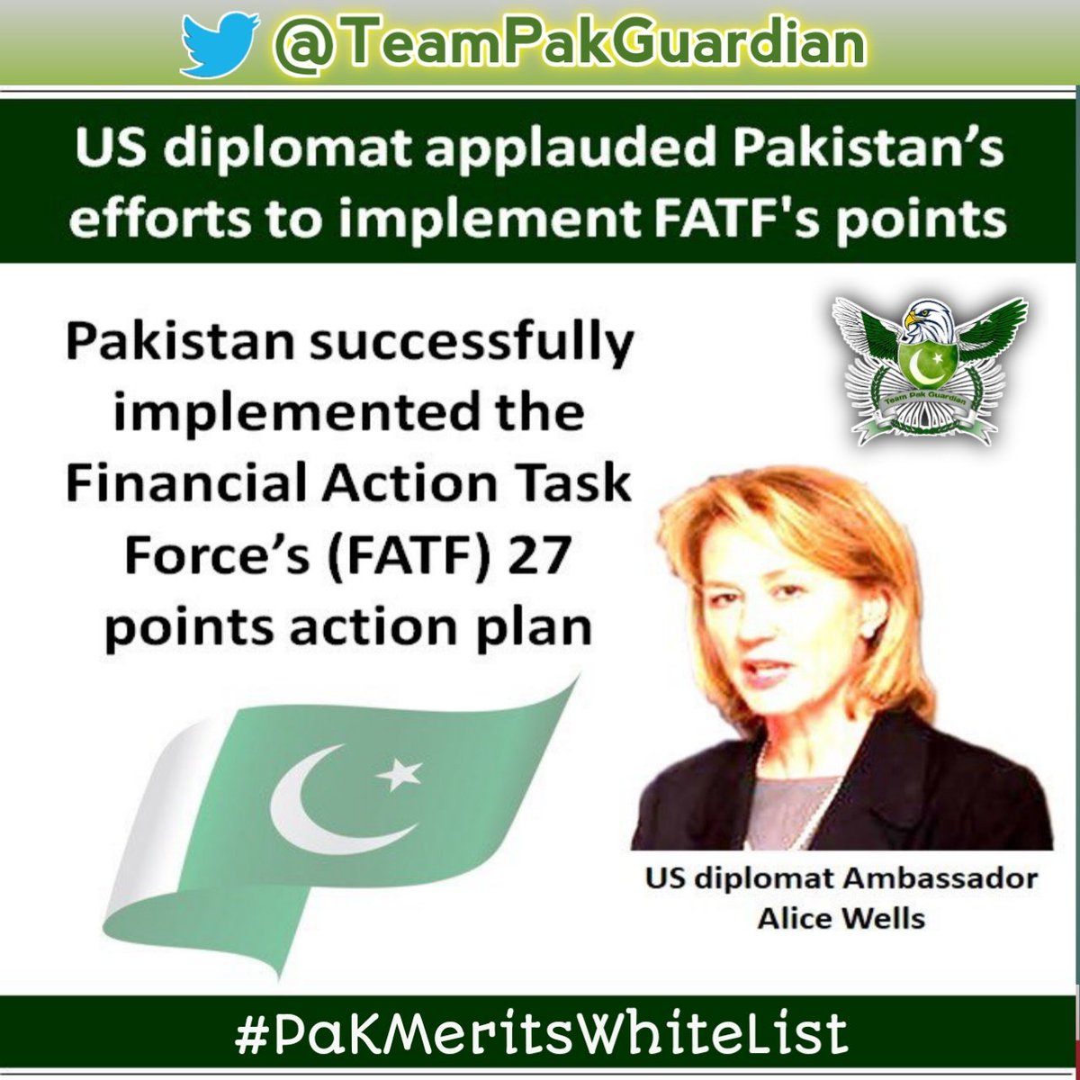 Patriotic_Naz's tweet photo. FATF should not retain Pak grey list.
pakistan successfully implemented the financial Action Task Force's (FATF) 27 points action plan .
US diplomat ambassador. #Alice_Wells
#PakMeritsWhiteList https://t.co/S1PpBtt6ie