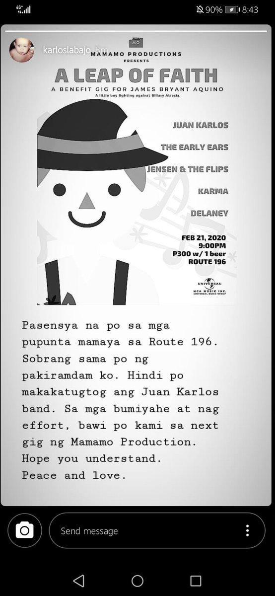 MMMOProductions's tweet photo. Unfortunately, Juan Karlos won't be able to be with us today because of health reasons. According to his management, he is no condition to play and was advised to rest for a while. We apologize for the people who expected but health is wealth. Get well soon, JK!!!!!! https://t.co/vHZGMTuo8U