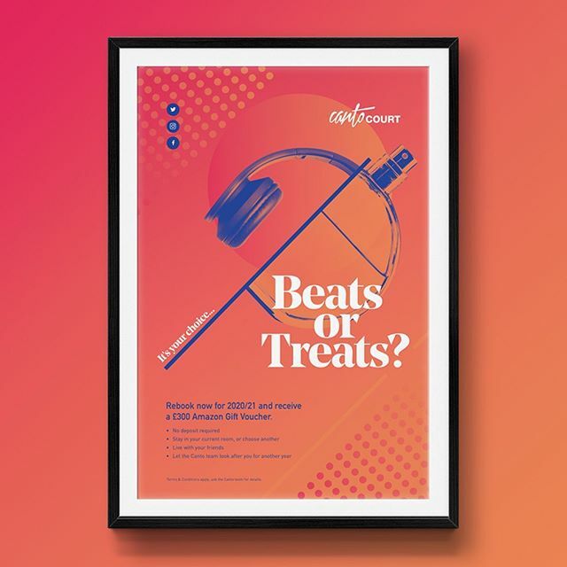 RedcowCreative's tweet photo. Posters for our re-booking campaign for student accommodation @canto_court. Combining striking photomontage with vibrant colours and bold modern type. The messaging asks the students what they would spend their voucher on… Beats or Treats?
#design #graphicdesign #creativity … https://t.co/eSlgabIV9H