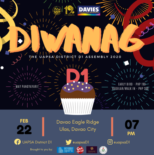 D1uapsa's tweet photo. Surprise, surprise! Walang D1-nan!
DIWANAG: The UAPSA District D1 Assembly 2020 is finally here! Party starts at 7PM! See you there.
Register here: https://t.co/mN0PQv5hWs or on-site tomorrow at #DefiningSpaces13!
#OneD1
#OneD1nag
#UAPSAnaAll
#UAPSAmaAll https://t.co/RIDhwD9DeR
