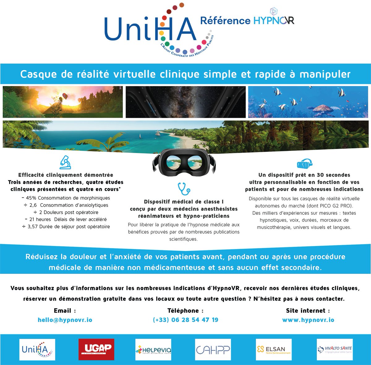 hypnovr's tweet image. HypnoVR choisi par @UniHA_hopital [1er réseau d&apos;achats de l&apos;hospitalisation publique] comme étant la solution la plus facile et rapide à utiliser du marché tout en ayant l&apos;offre la plus avantageuse !🚀Également disponible via @ugap, @cahpp75 , #Helpevia, @elsan et @VivaltoSante