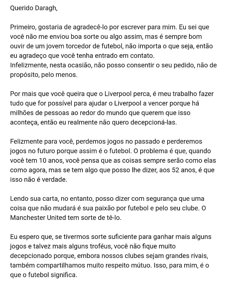 Paulo H. Nóbrega 🏆🏆🏆 on X: Uma criança de 10 anos torcedor do United  mandou uma carta (para o Klopp) pedindo para o Liverpool não vencer mais  jogos. Eis que o Klopp