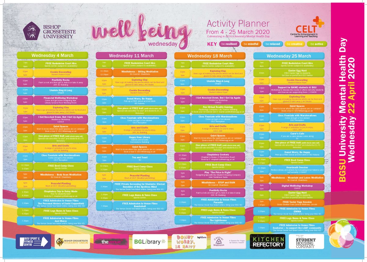 Wellbeing Wednesday Activities.  Some events are bookable so take a look at the planner below.