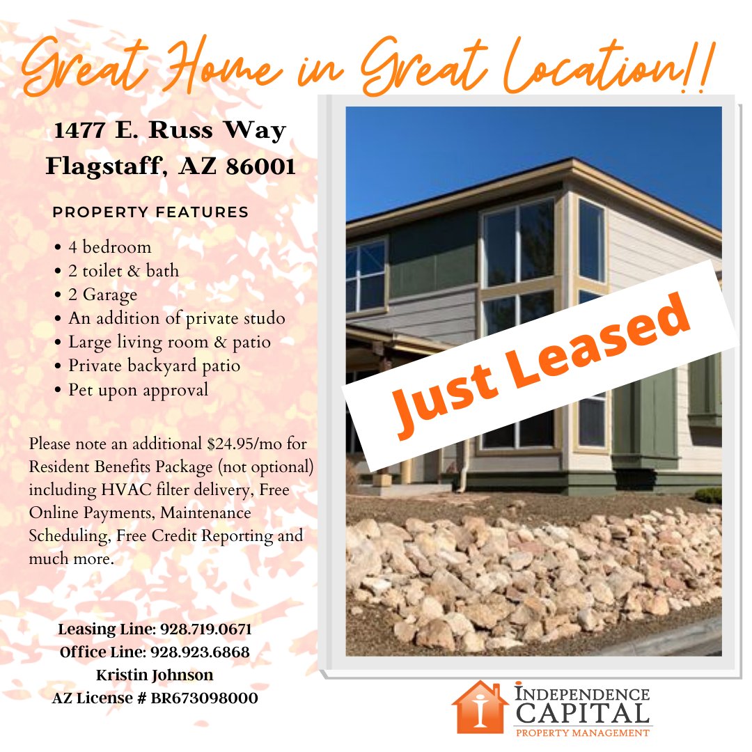 IndependenceCap's tweet photo. Welcome to your new home and thanks for choosing ICPM!

Check out our rental listing here: 
https://t.co/gtEjTQhOt4 
https://t.co/y2gK9dDj1B 
You can also email: leasing@icpmrentsmart.com

#rentals #propertymanagement #ICPM #farmington #flagstaff #realestateinvesting https://t.co/enyer0X8EI