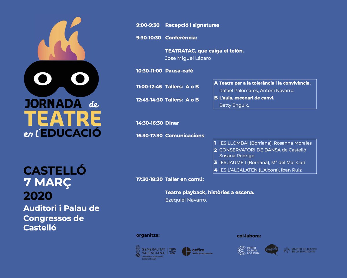 Últims dies per inscriure's en la Jornada de Teatre en l'Educació, edició de Castelló. 7 de març de 2020. bit.ly/38lreIO