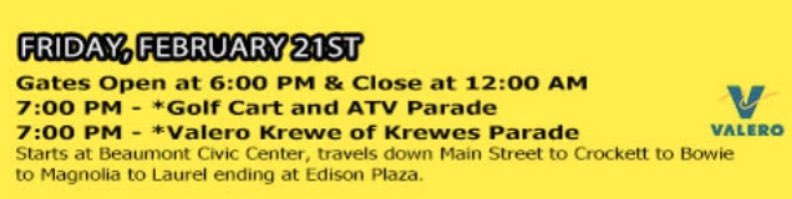 beaumont_police's tweet photo. Friday, February 21- @MardiGrasSETX gates open at 6! *Parades with road closures throughout Downtown Beaumont!! Stay tuned to our Twitter for important safety &amp; traffic information!! #MGSET #BeaumontPolice https://t.co/nwvngNbQuf