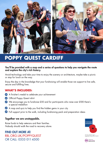 Cardiff 10k Poppy Quest is back! Join us at <a href="/cardiff_castle/">Cardiff Castle</a> on the 18th July 2020. Follow the trail answering questions en route to uncover city gems. Friends, family and even the dog can come too! Sign up today and get a 25% discount using code CDFSAVE