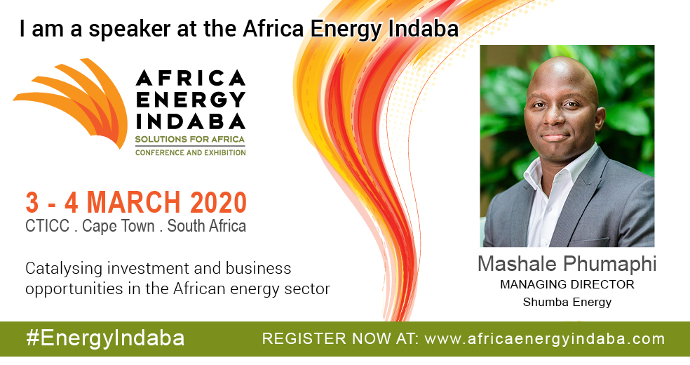 ShumbaEnergy's tweet photo. Our Managing Director, Mashale Phumaphi will be speaking at the upcoming Africa Energy Indaba Conference on 3-4 March 2020 in Cape Town, where he will share his insights on democratisation, building energy businesses and access to energy for all. 
#energyindaba https://t.co/12RjdLqyfV