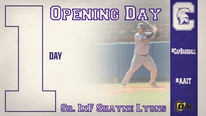 Cap_Baseball's tweet photo. Only 1 DAY until the official start of our 2020 Season and Sr. 1B Shayne Lyons leads us into it! Lyons, a native of Reynoldsburg is always ready to step in the box and attack

Short bus ride down to FL!

Work hard, Embrace roles &amp; Sacrifice for your Brother

#AAIT
#CapBaseball https://t.co/wwf61ydV0j