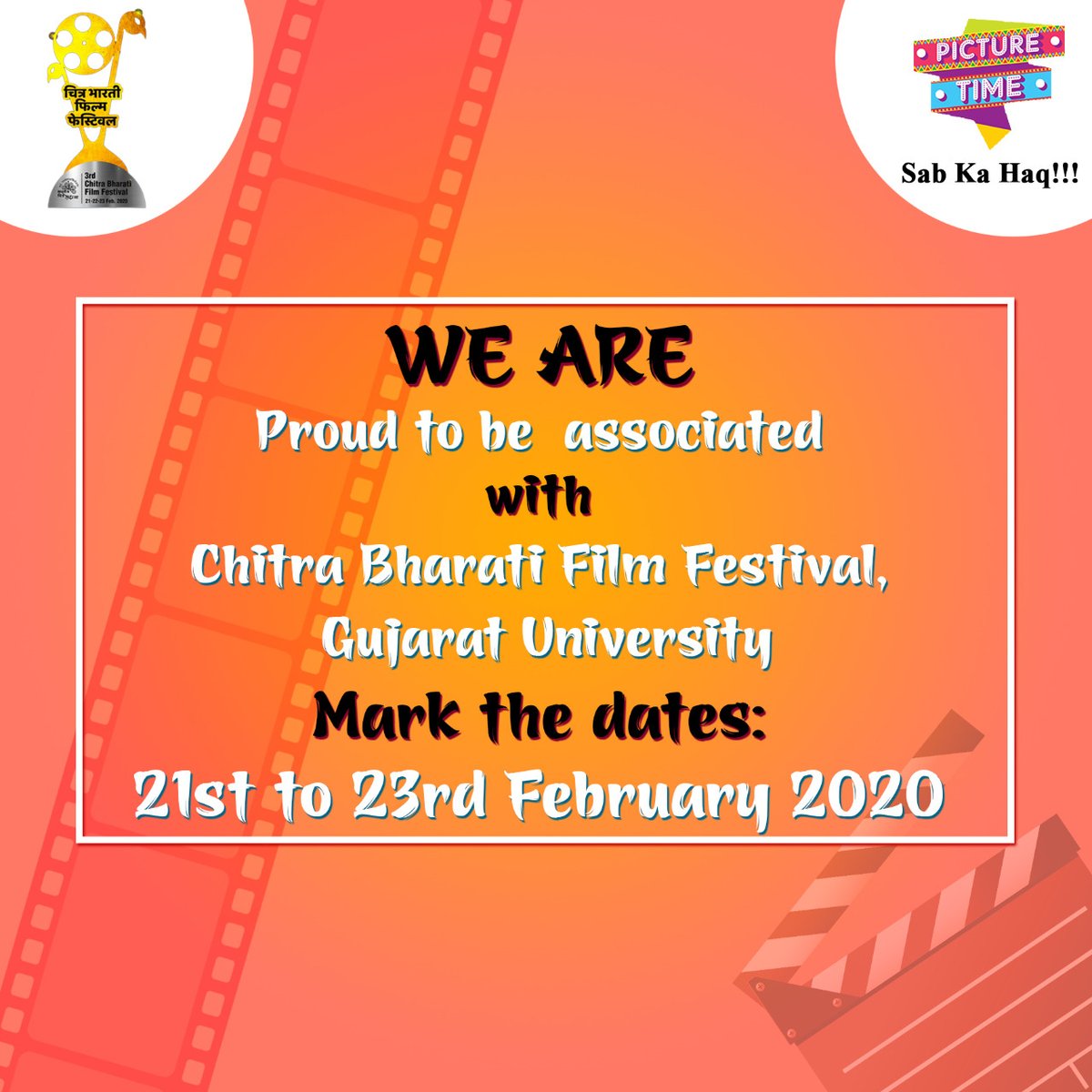PictureTime4's tweet photo. 2020 is turning out to be a very eventful year for us.

Delighted to be associated with the @chitrabhartiff, #Gujarat #University. 

Mark the dates, friends.

#ChitraBhartiFilmFestival #Awards #Events #PictureTime #SabkaHaq
@sushilsays @satishkaushik2 @akshay_vatsa https://t.co/CZzPY3bCKe