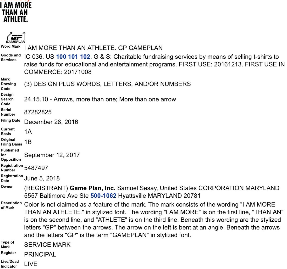 heitner's tweet photo. LeBron James’ media company Uninterrupted, ESPN &amp; Nike have been sued for use of “More Than An Athlete.”

Nonprofit Game Plan Inc seeks $3 million in the newly filed trademark case. Looks like a slam dunk for defendants. Uninterrupted was assigned registration from May 2013! https://t.co/bmYbJhzraY