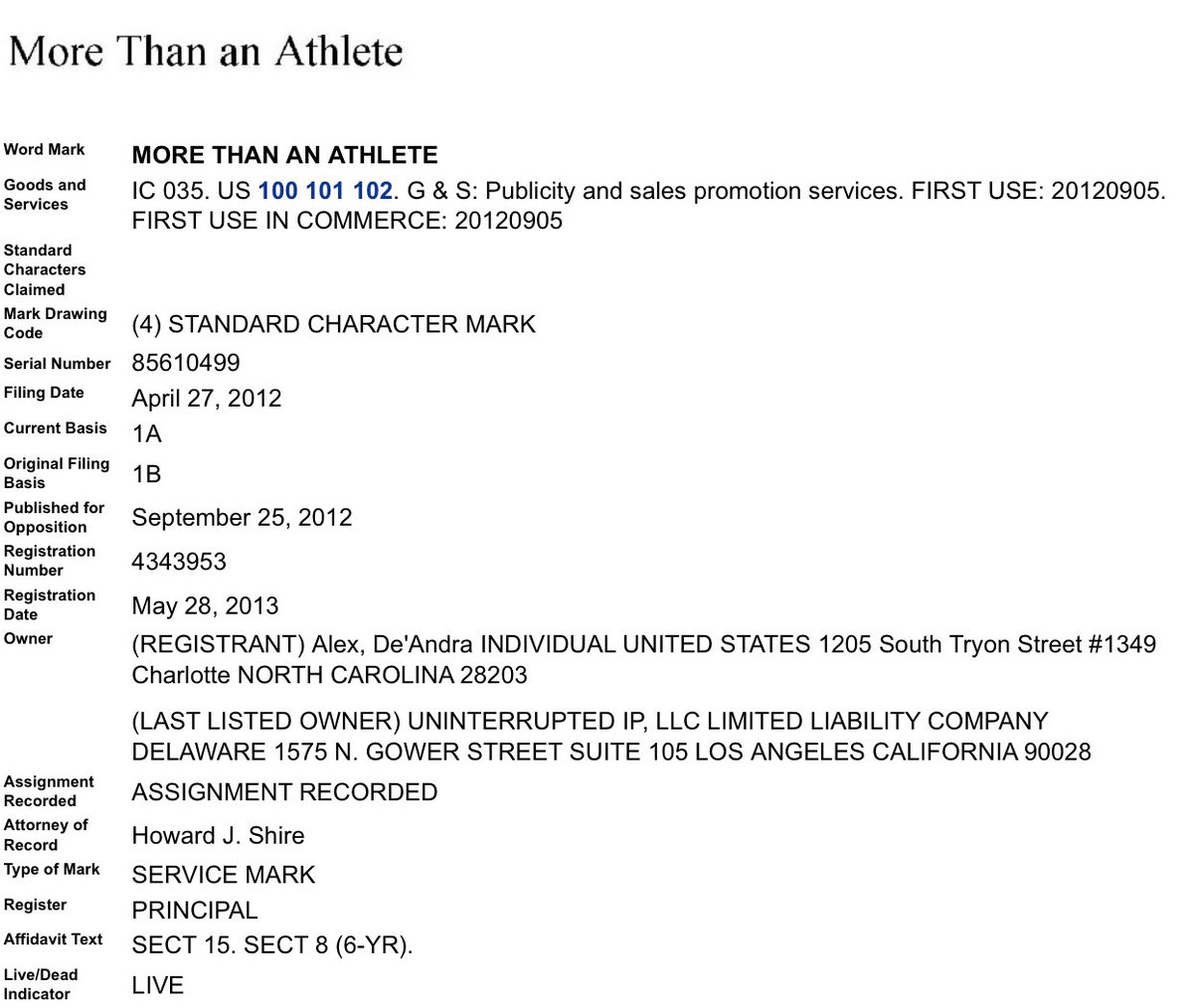 heitner's tweet photo. LeBron James’ media company Uninterrupted, ESPN &amp; Nike have been sued for use of “More Than An Athlete.”

Nonprofit Game Plan Inc seeks $3 million in the newly filed trademark case. Looks like a slam dunk for defendants. Uninterrupted was assigned registration from May 2013! https://t.co/bmYbJhzraY