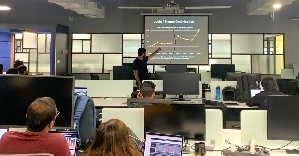 unacademytech's tweet photo. All the teams @unacademytech come together bi-weekly to share their work on a forum called the Demo day. Ecstatic to see all the teams present their work so enthusiastically! https://t.co/r6IHyiDff2
