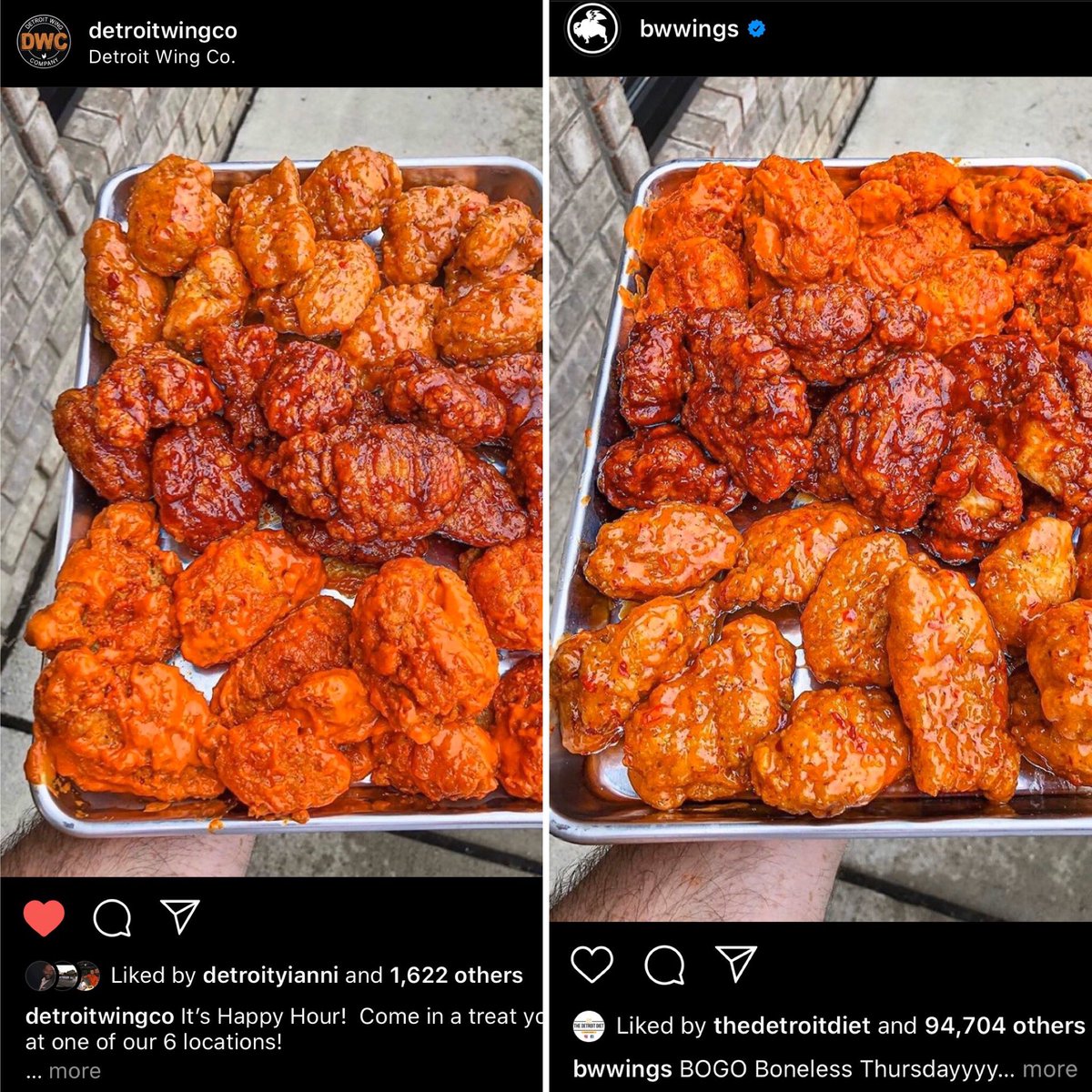 ChillyP's tweet photo. .@BWWings Nice flip and mirror of @detroitwingco’s February 5th post! Are you guys carrying their wings and sauces now?? https://t.co/WGLl7YuZsA