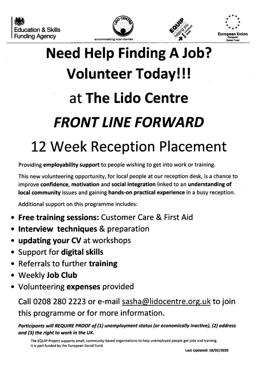 #frontlineforward 12 week voluntary opportunity to help improve employability. new project to support those seeking employment and feel they need just a little extra confidence boosting via a weekly placement with access to job club, cv writing and interview skills #EQUIP