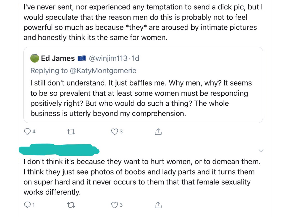 hatpinwoman's tweet photo. I have a different, less generous perspective on why men send dick pics. While the odd man may do it naively to spark sexual arousal, many more find the lack of consent is part of the thrill.They’re the modern version of men in grubby coats flashing pensioners in parks. https://t.co/8MUjWkl0c2