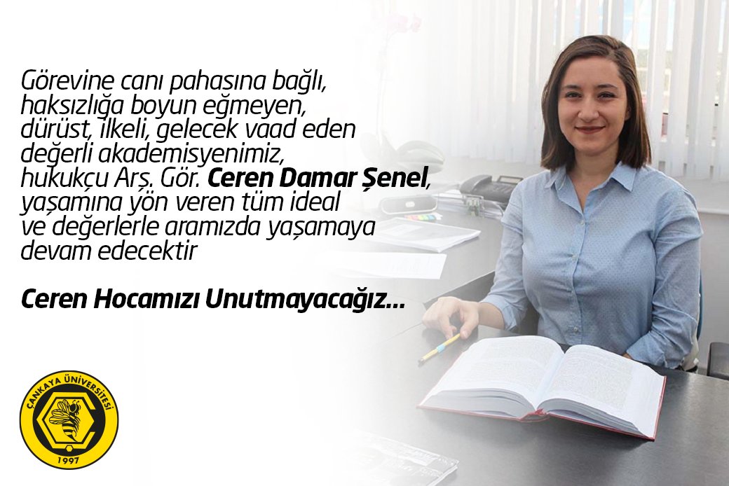 2 Ocak 2019'da menfur bir saldırı sonucu hayatını kaybeden değerli akademisyenimiz Ar. Gör. Ceren Damar Şenel’in davası 21 Şubat 2020 tarihinde sonuçlandı. Ankara 33'üncü Ağır Ceza Mahkemesi'nde görülen davada, katile ağırlaştırılmış müebbet hapis cezası verildi. #CerenDamarŞenel